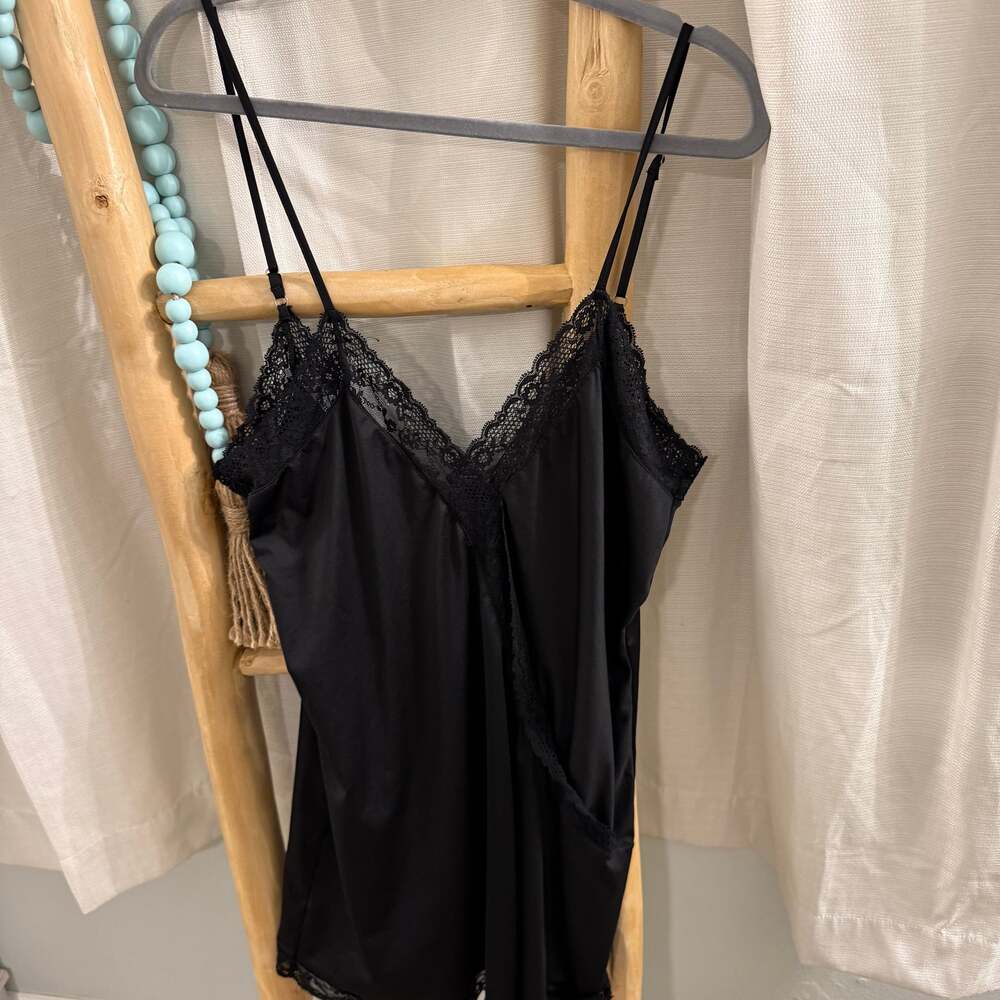 Vince Camuto Black Satin Lace Trim Slip Dress